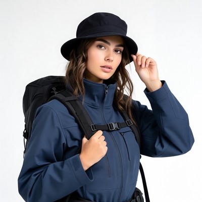 Woman wearing backpack and bucket hat
