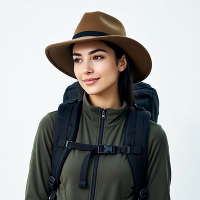 Woman in fedora hat with backpack