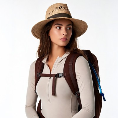 Woman in straw hat with backpack