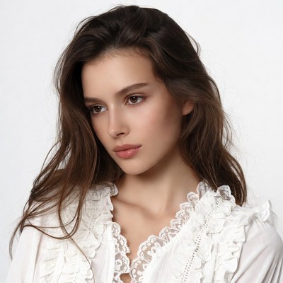 Woman with long brown hair in lace blouse