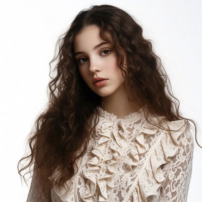 Young woman with curly hair in lace blouse