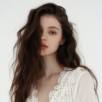 Woman with wavy brown hair in lace blouse