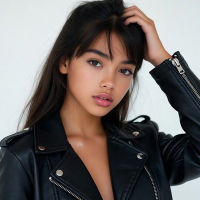 Asian woman in leather jacket