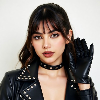 Woman in leather jacket and gloves