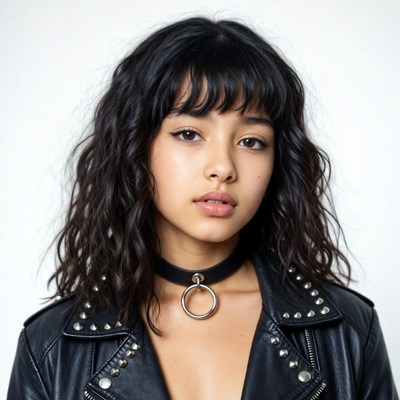 Asian woman with choker and leather jacket