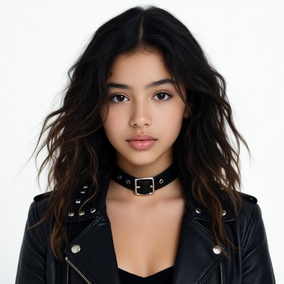 Young woman in leather jacket and choker