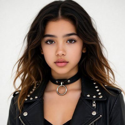 Teen girl in black leather jacket choker