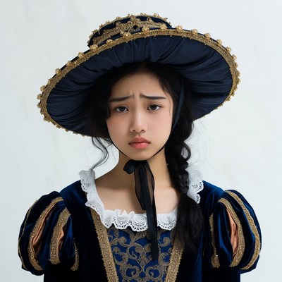 Asian girl in vintage navy blue hat dress