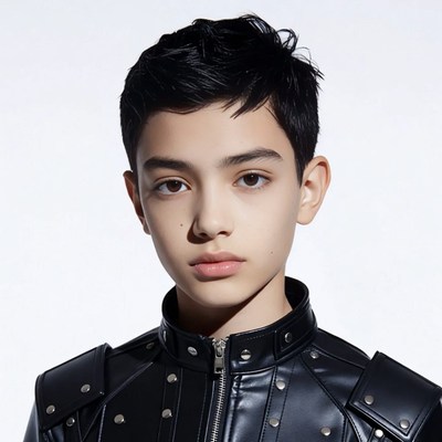 Asian boy in black leather jacket