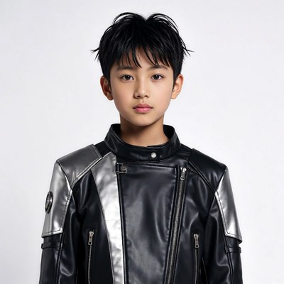 Asian boy in silver black leather jacket