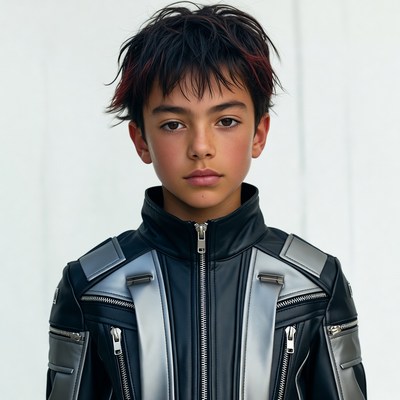 Boy in black silver leather jacket