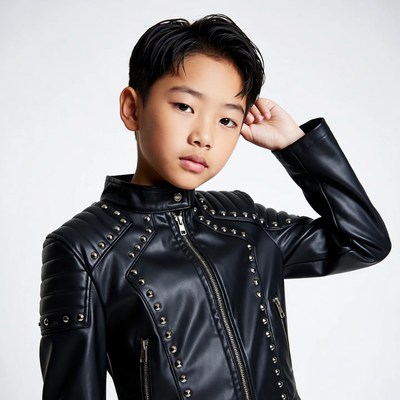 Asian boy in studded leather jacket