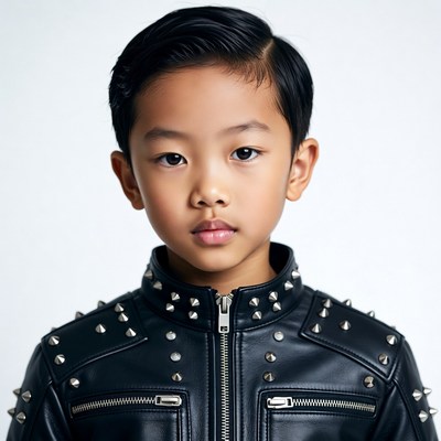 Asian boy in studded leather jacket