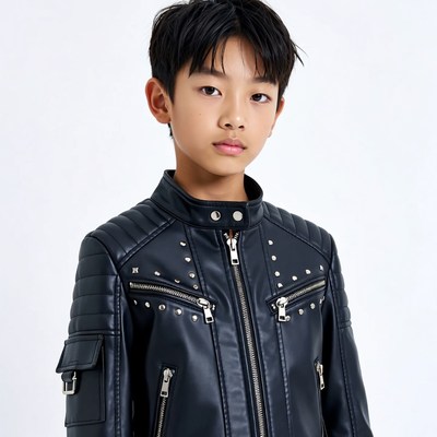 Asian boy in black leather jacket