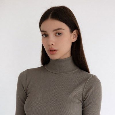 Woman in gray turtleneck sweater