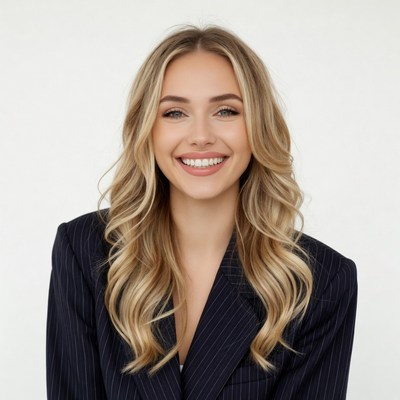 Smiling blonde woman in suit