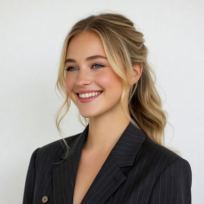 Smiling blonde woman in pinstripe suit