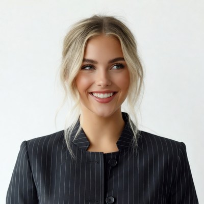 Blonde woman smiling in pinstripe blazer