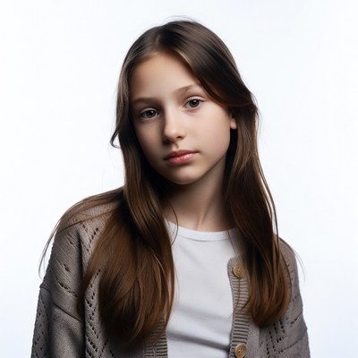 Teen girl in cardigan on white background