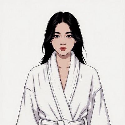 Asian woman in white bathrobe
