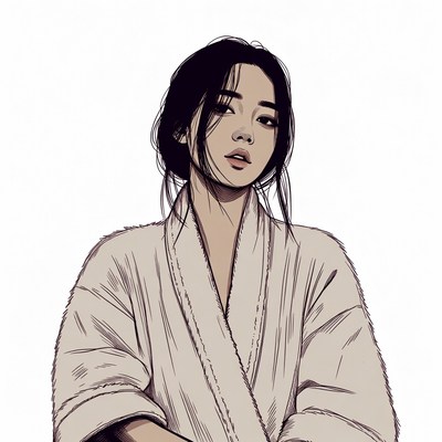 Asian woman in white bathrobe