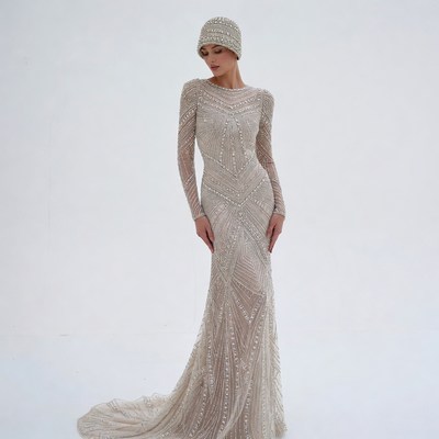 Woman in Beaded Gown with Cloche Hat