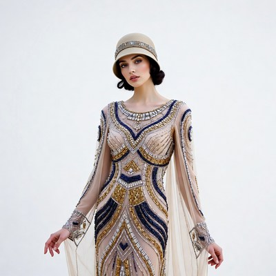 Woman in Beaded Flapper Dress and Cloche Hat
