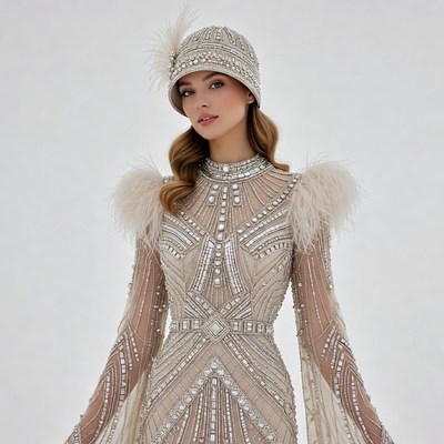 Woman in Beaded Flapper Dress and Hat