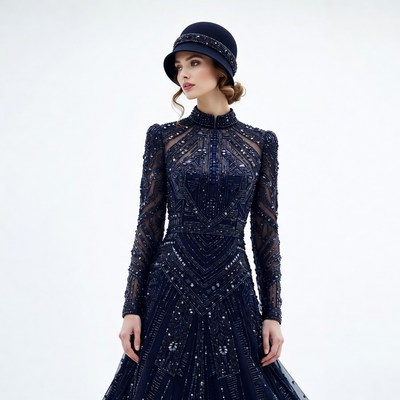 Woman in navy beaded flapper dress and hat