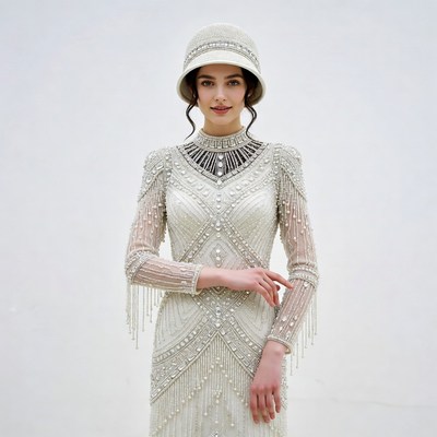 Woman in Beaded Flapper Dress and Cloche Hat