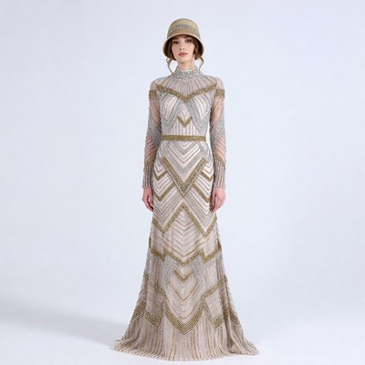 Woman in Beaded Flapper Dress and Hat