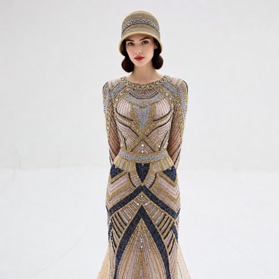 Woman in Gold Beaded Flapper Dress