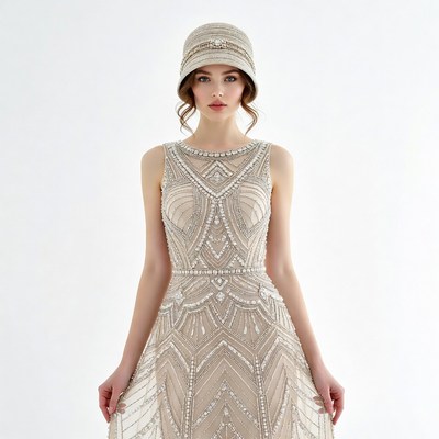 Woman in Beaded Flapper Dress and Cloche Hat