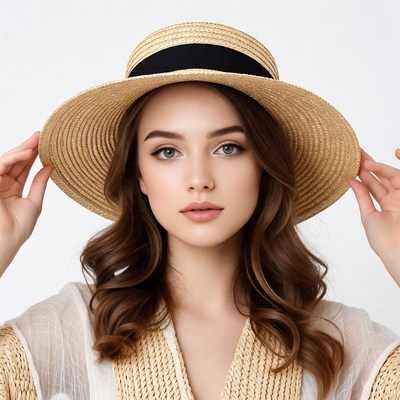 Woman wearing wide-brim straw hat