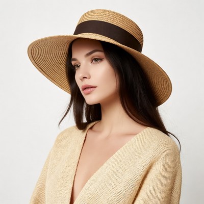 Woman wearing wide-brim straw hat