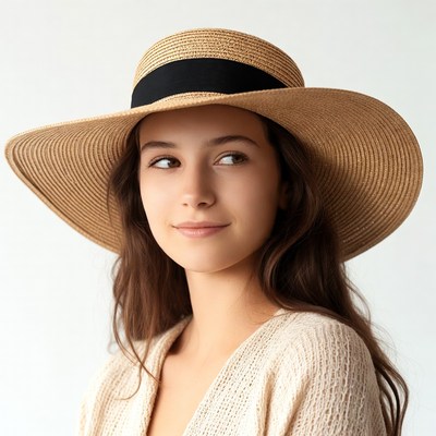 Woman wearing wide-brim straw hat