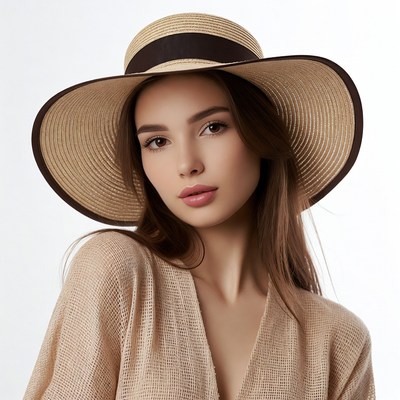 Woman wearing wide-brim straw hat