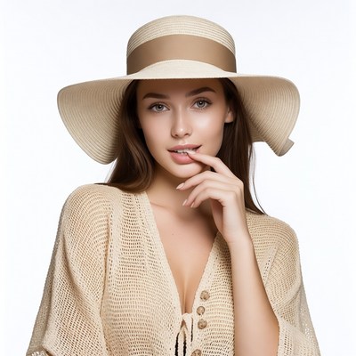 Woman in straw hat touching lips