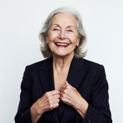 Elderly woman smiling in suit