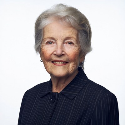 Elderly woman smiling in suit