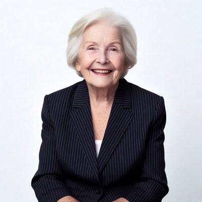 Elderly woman smiling in pinstripe suit
