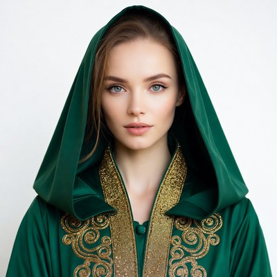 Woman in green hooded robe