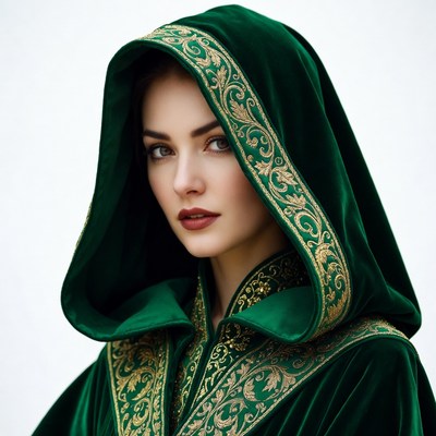 Woman in Green Velvet Hooded Cloak