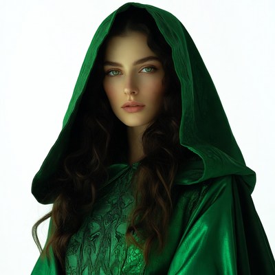 Woman in green hooded cloak