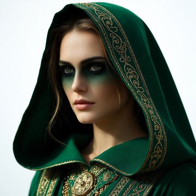Woman in green hooded cloak