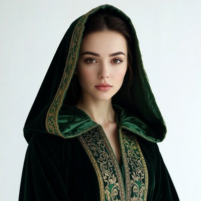 Woman in green hooded cloak