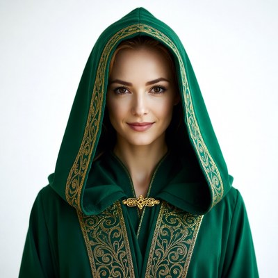 Woman in green hooded robe