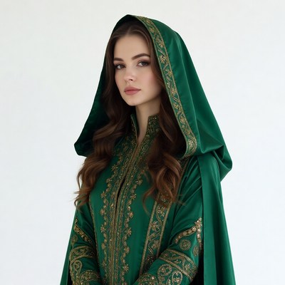 Woman in green hooded robe