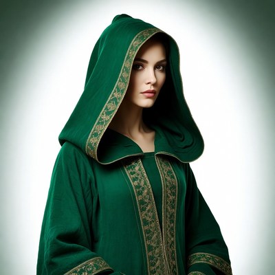 Woman in green hooded cloak