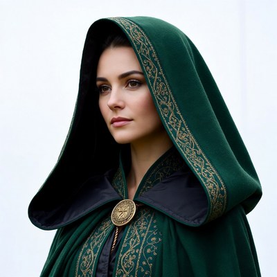 Woman in green hooded cloak